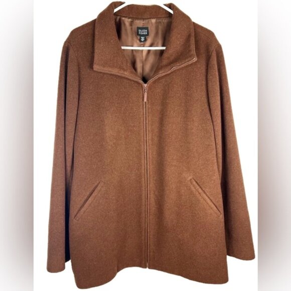 Eileen Fisher Jackets & Blazers - EILEEN FISHER Italian Fabric 100% WOOL Mock Neck FullZip Coat Jacket Pockets XL